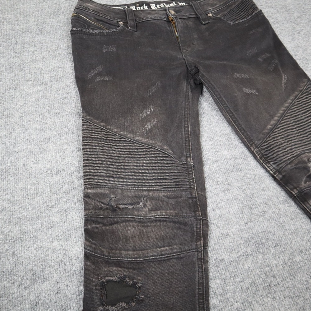 Rock Revival Moto Men Black Distressed Biker Jeans Slim Fit Ribbed Details READ - Picture 2 of 16